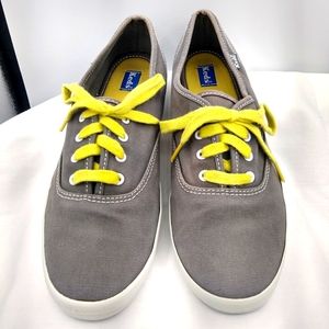 Keds Womens 9 Gray Canvas Yellow Laces LaceUp Classic Sneakers Casual Shoes